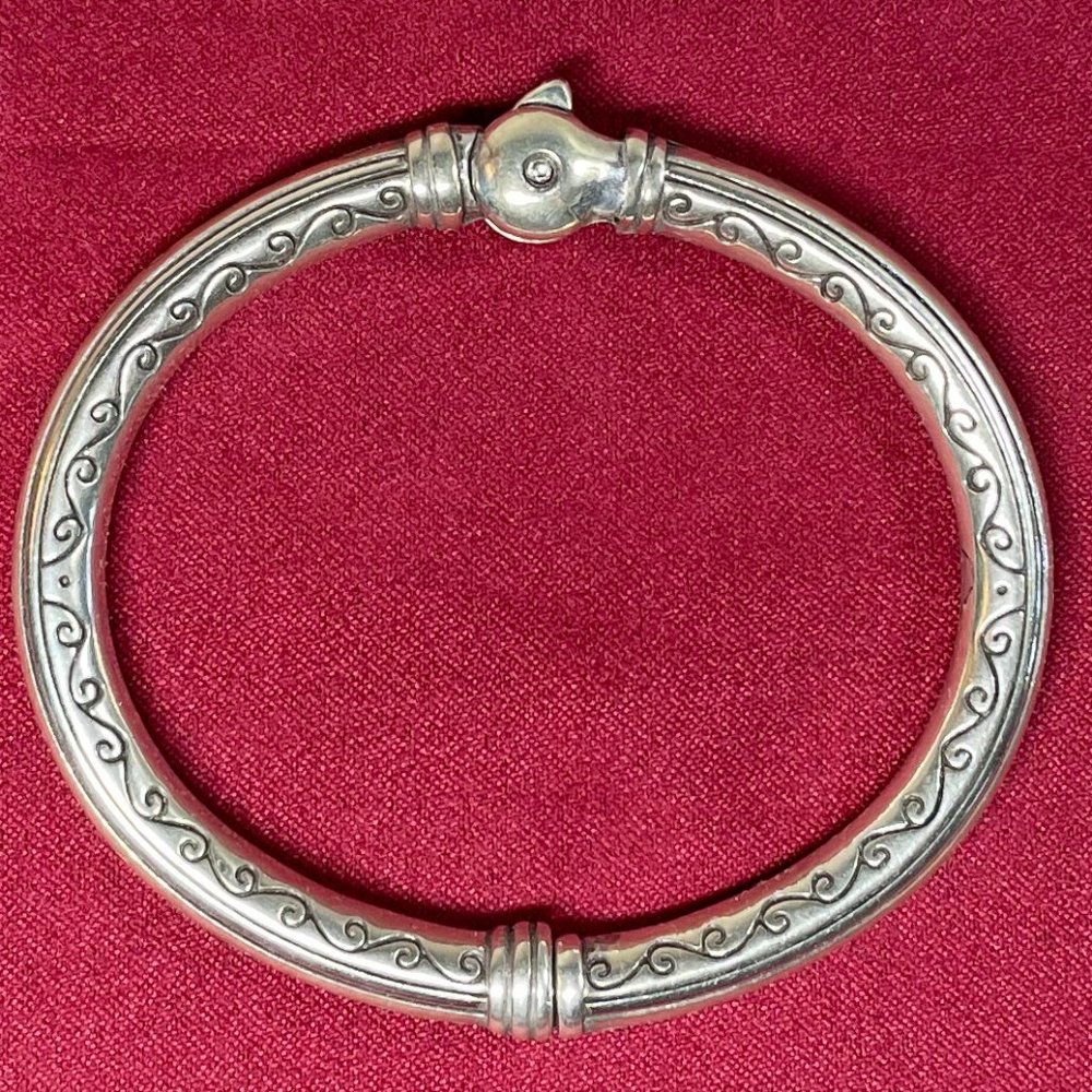 Silvertone Hinged Metal Bracelet (Weighty) with Artistic Scroll Design